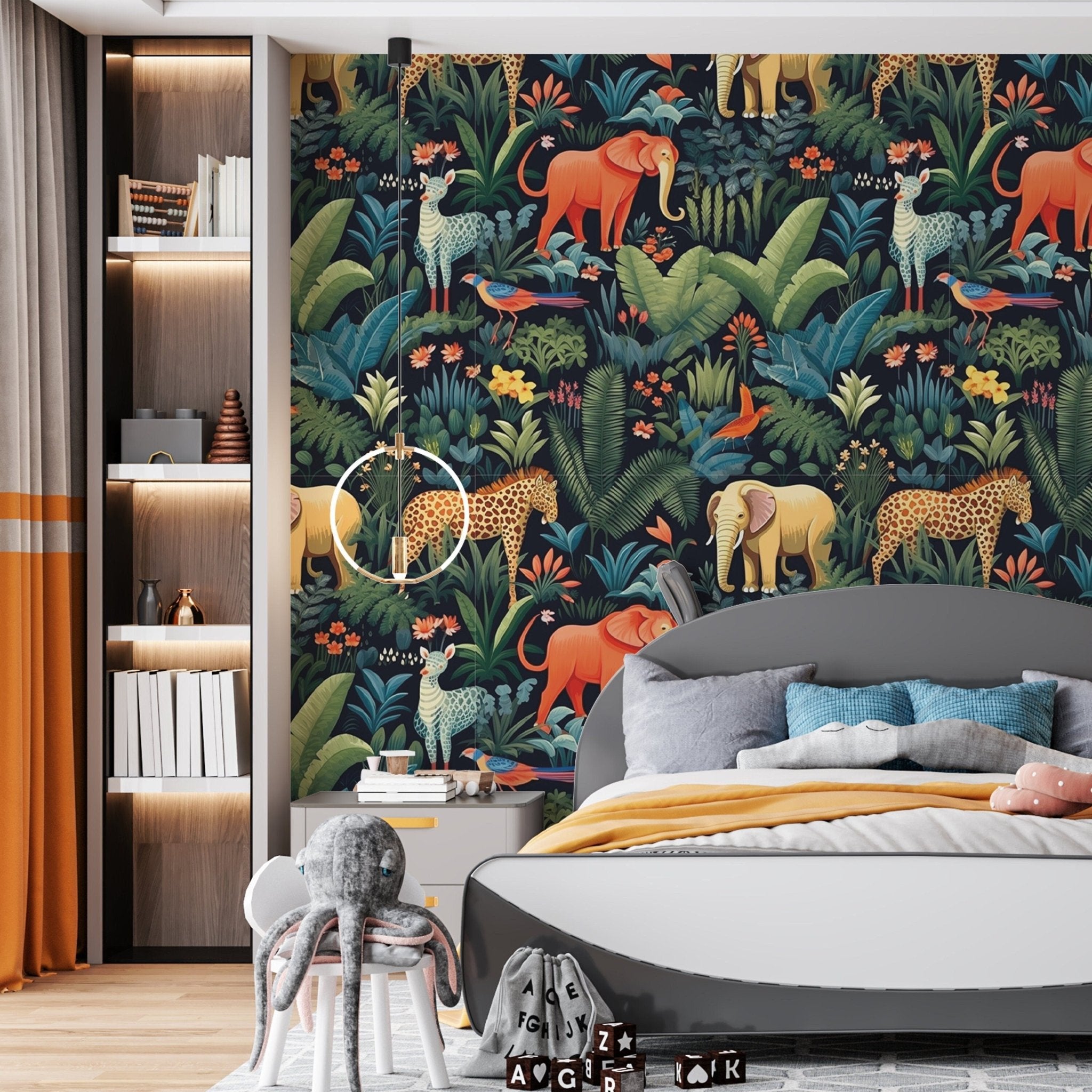 African Animals and Birds Wallpaper Mural, Safari Wallpaper in the Nursery, Сhildren's Room Design, Kids Room online Decor, Peel and Stick