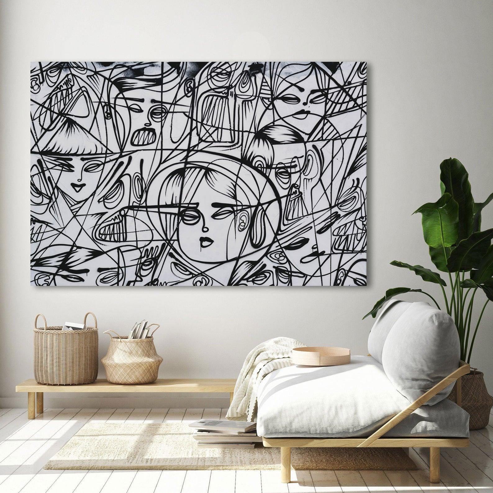 Abstract line art face print modern wall art home decor - Scandi