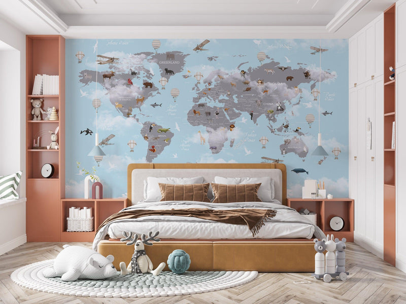 Kids World Map Wallpaper World Map Wall Mural Nursery Decor Peel and stick wallpaper - Scandi Home 