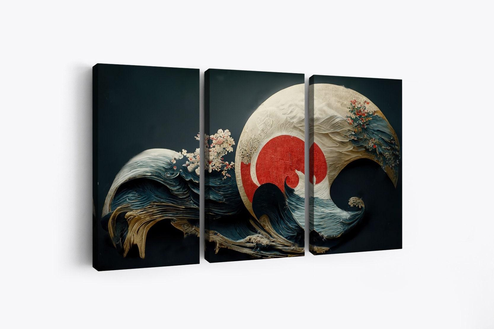 japanese wall art moon and sakura modern art japanese wave