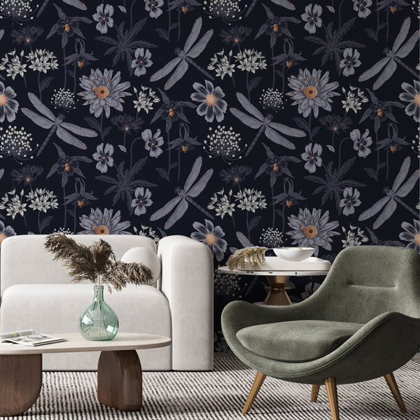 Navy blue botanical wallpaper peel and stick, herbs wall mural ...